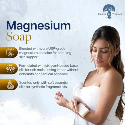 Vista 2 de Health & Wisdom Jabón en barra de magnesio – Jabón corporal hidratante – Hecho a mano con aloe y seis aceites vegetales nutritivos y aceites