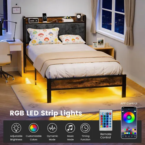Vista 3 de PROTEA Base de cama de tamaño individual con luces LED y estación de carga, cabecera tapizada con almacenamiento, plataforma resistente con listones