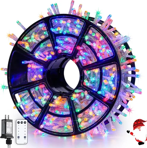 Vista 39 de JMEXSUSS 150 luces LED azules de Navidad para interiores y exteriores, luces de cadena conectables de 59 pies con enchufe, 8 modos de luces de hadas