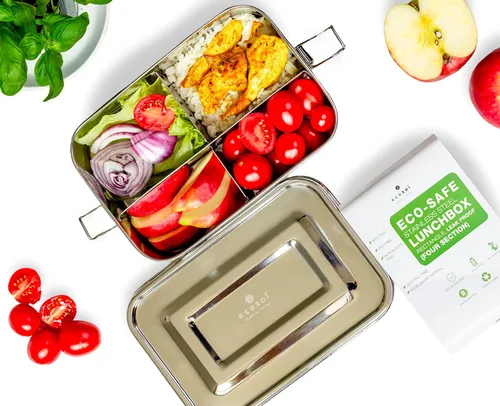 Vista 9 de ecozoi Lonchera Bento de acero inoxidable, 50 onzas, lonchera de 2 compartimentos con divisor extraíble y mini cápsula de salsa, a prueba de fugas