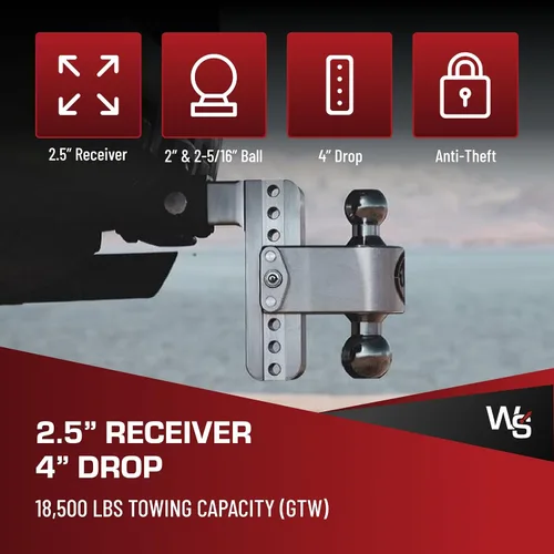 Vista 2 de Weigh Safe Soporte de bola de enganche de remolque ajustable, enganche de caída ajustable de 4 pulgadas para receptor de 2.5 pulgadas con juego de 4