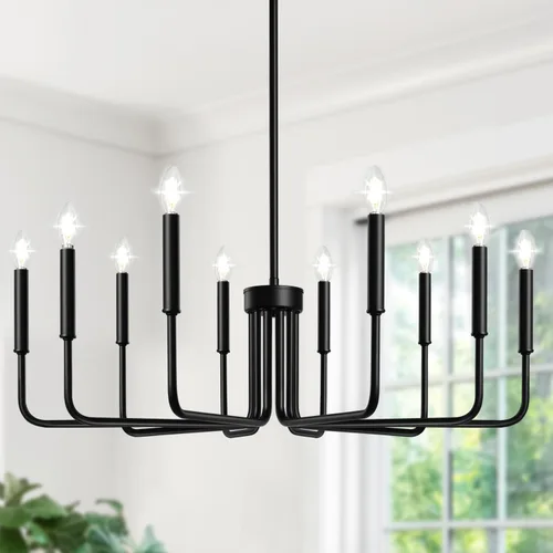 Vista 16 de Lynnoland - Candelabros de 6 luces de granja para comedor, accesorios de iluminación colgantes, lámparas industriales modernas para dormitorio Negro