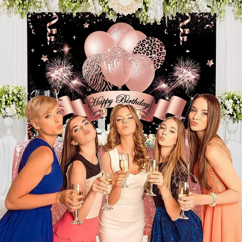 Vista 2 de InMemory Telón de fondo de cumpleaños de oro rosa para mujeres y niñas, fondo de fotografía de feliz cumpleaños, globos con purpurina, tacones