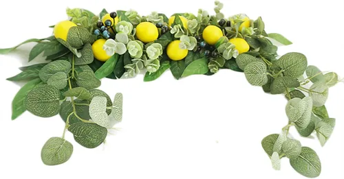 Vista 5 de Firlar Guirnalda de flores artificiales, 18 pulgadas con bayas de limón, hojas verdes, adorno colgante floral para puerta, para boda, hogar, fiesta