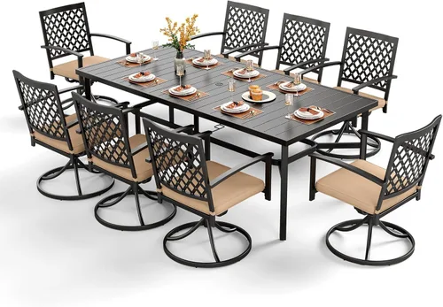 Vista 33 de PHI VILLA Juego de comedor al aire libre de 7 piezas para 6, mesa rectangular de metal negro de 60 pulgadas con agujero para sombrilla y sillas