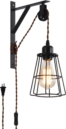 Vista 11 de Lámpara colgante enchufable, lámpara de pared con polea de granja con cable e interruptor de enchufe marrón de 7 pies, lámparas colgantes