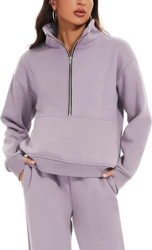 Vista 11 de PEHMEA Conjunto deportivo de 2 piezas de otoño para mujer, con forro polar, holgado, manga larga, media cremallera, cómodo conjunto de descanso