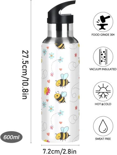 Vista 9 de Lindas abejas de dibujos animados de acero inoxidable blanco aislado al vacío botella de agua de 32 onzas, sin BPA, botella de agua deportiva a