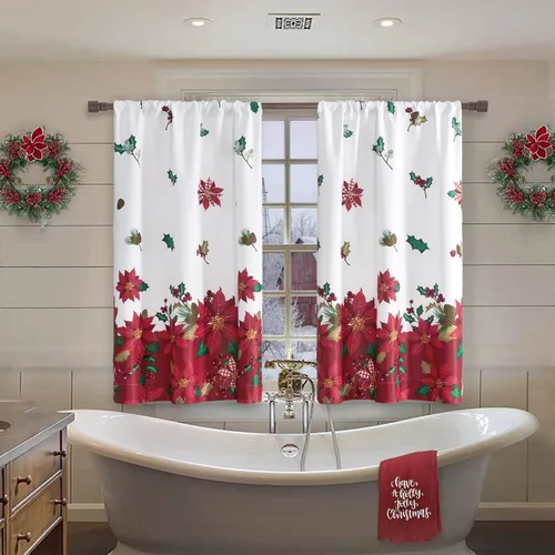 Vista 5 de SHINELAND Cortinas de cocina de Navidad, flor de pascua roja, cortina térmica corta para ventanas pequeñas, cortinas de Navidad para cocina, 45