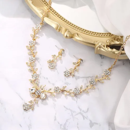 Vista 5 de BriLove Juego de collar con colgante de cristal y flores para mujer, joyería de boda para novia, Cristal Metal