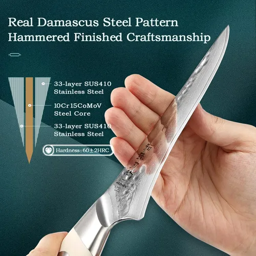 Vista 5 de HEZHEN Cuchillo de deshuesado de acero de Damasco de 6 pulgadas, cuchillo de fileteado para aves de corral y pescado, cuchillos de cocina de hoja