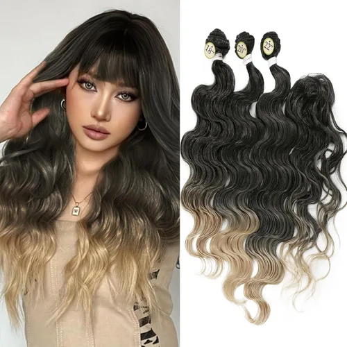 Vista 7 de HANNE Paquetes de cabello castaño mezclado con extensiones de cabello ondulado con cierre Sintético 18 "20" 22" con cierre de encaje, resistente