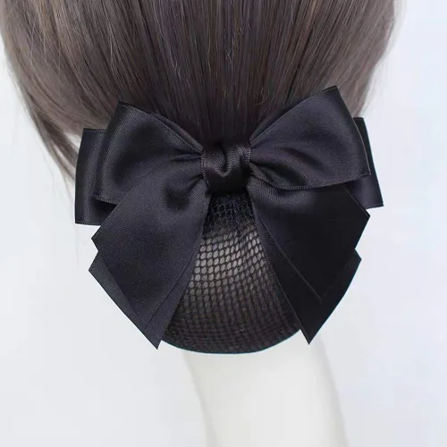 Vista 4 de Pinza profesional para el cabello, pasador de cinta negra con cubierta de moño, decoración de nudo de lazo y red para moños