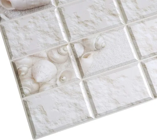 Vista 4 de Dundee Deco PG7038 Conchas de piedra envejecidas de imitación blancas, 3.2 pies x 1.6 pies, panel de pared 3D de PVC, decoración de paneles de pared
