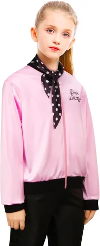 Vista 2 de FLOWDREAM 1950s Child Kids Pink Satin Jacket Little Girls Halloween Costume Cosplay Fancy Dress up Coat with Neck Scarf