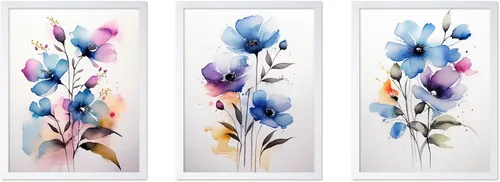 Vista 38 de Poster Master Póster botánico vintage de 3 piezas, estampado floral retro, regalo para artistas, amigos, flores de acuarela, brillante, azul