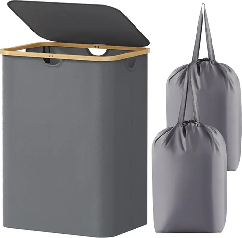 Vista 20 de Lifewit Cesta de lavandería de 80 litros con tapa, cestas de ropa para lavandería con asas de bambú y una bolsa de lavandería extraíble, cesta