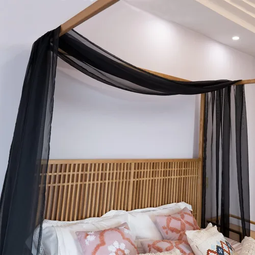 Vista 5 de Linentalks Cortinas de cama negras para cama individual, bufanda de cama transparente de lujo, cortinas de cama con cenefa, cortinas de cama