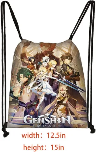 Vista 2 de YUANHUISHENG Genshin Impact Merch - Juego de regalo 1 mochila Genshin Impact con cordón, 50 calcomanías de dibujos animados, 1 cordón, 2 llaveros