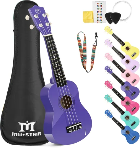 Vista 10 de Ukelele Soprano MUSTAR, Ukelele de Tilo de 21 Pulgadas para Principiantes, Kit de Ukeleles con Bolsa de Concierto, Correa, Púas, Paño, Adhesivo Azul