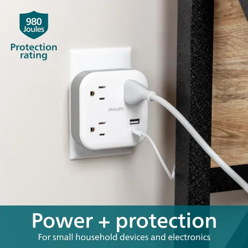 Vista 5 de Philips EZFit Extensor de Tomacorriente con Protección contra Sobretensiones de 3 Salidas con USB, 1 USB-A, 1 USB-C, Espaciado para Adaptadores