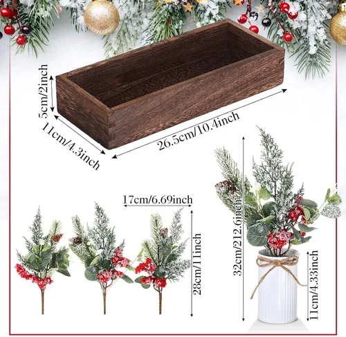 Vista 2 de Yunlly Centros de mesa de Navidad, bayas rojas, piñas artificiales de Navidad, ramas de nieve, púas con caja de madera para decoración rústica