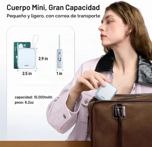 Vista 2 de VINKO Cargador Portátil con Cable Incorporado, 10000mAh 22.5W Carga Rápida Banco de Batería USB C, Banco de Energía para Teléfono Celular para Azul