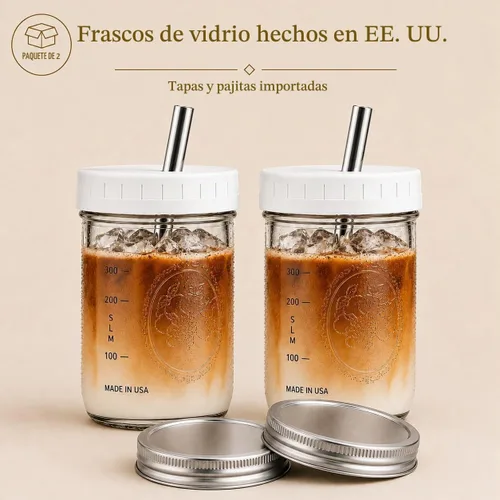 Vista 4 de Tazas de té Boba reutilizables de boca ancha, tazas de té de burbujas con tapas y pajitas plateadas, tarros de vidrio