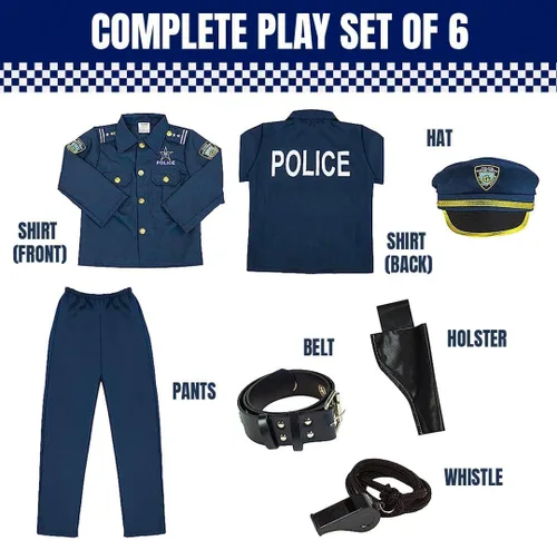 Vista 2 de Kangaroo Disfraz de policía para niños, sombrero de policía, camisa, pantalones, cinturón, funda y silbato, disfraz de policía para niños y niñas