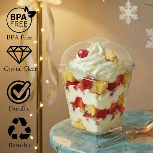 Vista 5 de Hiasobre Paquete de 100 vasos de postre de plástico transparente de 5 onzas con tapas y cucharas, tazas cuadradas reutilizables para aperitivos