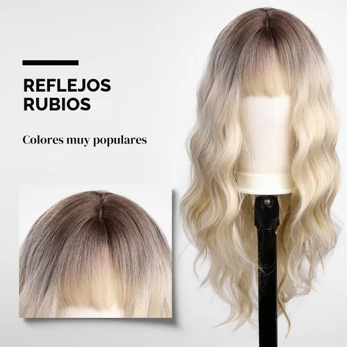 Vista 2 de HAIRCUBE Peluca rubia con reflejos, peluca larga y rizada con flequillo, peluca marrón, aspecto natural, resistente al calor, peluca sintética