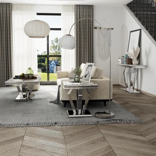 Vista 9 de ACEDÉCOR Mesa auxiliar cuadrada de 22 pulgadas, mesa auxiliar plateada con elegante parte superior de mármol sintético y base en forma de diamante