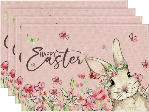 Vista 9 de Artoid Mode Juego de 4 manteles individuales de Pascua con diseño de conejo, diseño floral, 12 x 18 pulgadas, para decoración de fiestas, cocina