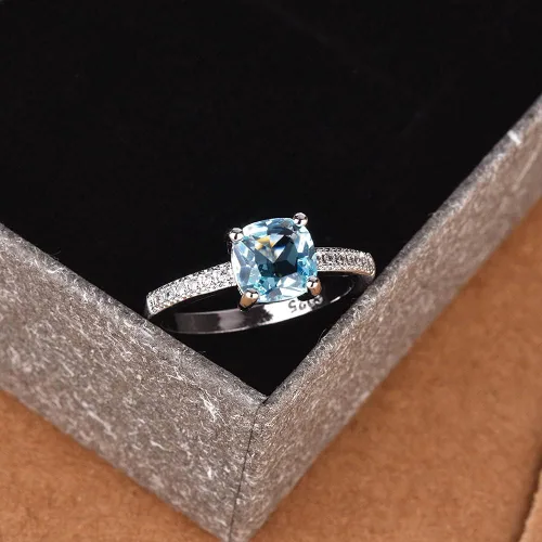 Vista 2 de Gixaxak 14k White Gold Plated Peacock Blue Topaz Square Diamond Ring Gemstone Ring Aquamarine Gemstone Wedding Bridal Band Ring Gift