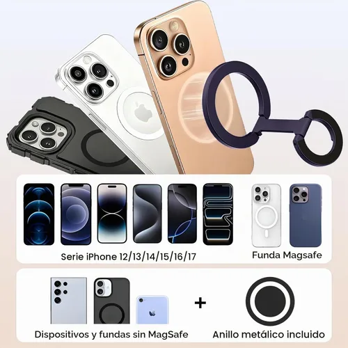 Vista 5 de Anillo magnético para teléfono MagSafe de doble cara con agarre magnético de teléfono compatible con iPhone 17/16/15/14/13 Pro Max Plus Mag Safe