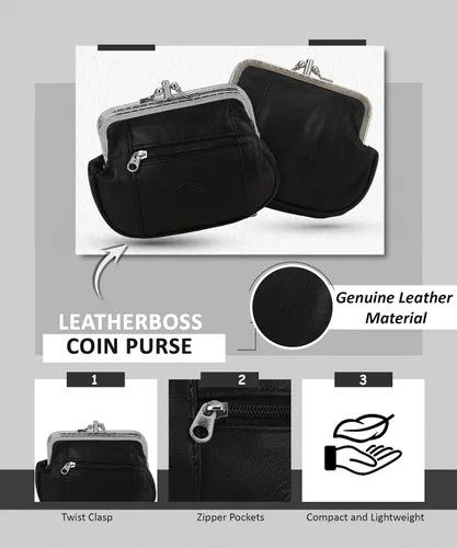 Vista 5 de Leatherboss - Cartera de piel auténtica con doble marco y bolsillo con cremallera