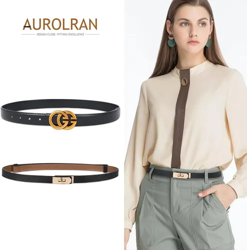 Vista 44 de Cinturón de cuero clásico con hebilla de metal para mujer con vestido de jeans
