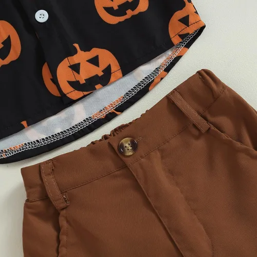 Vista 5 de Gueuusu Ropa de Halloween para bebé niño, camisa de manga corta con botones y cintura elástica, 2 piezas, traje de caballero
