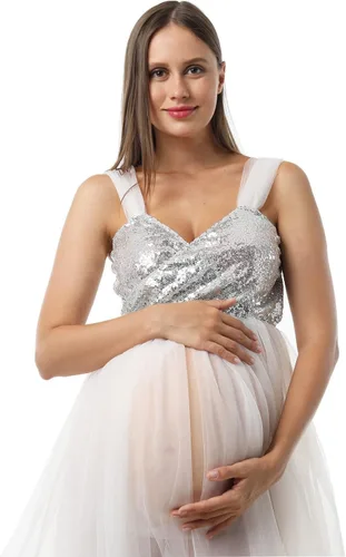 Vista 5 de Vestido de maternidad para fotografía, lentejuelas con purpurina, hombros descubiertos, tul con abertura frontal, vestidos de embarazo para sesión