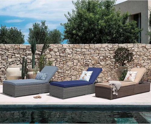 Vista 7 de Patiorama Tumbona para patio al aire libre, elegante silla tumbona reclinable ajustable de ratán para piscina con cojín, mimbre de polietileno gris