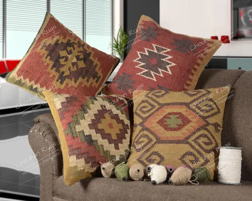 Vista 11 de Chouhan Rugs 4 piezas de fundas de cojín de yute Kilim tejidas a mano, cojines indios vintage 18x18, fundas boho (patrón 1)