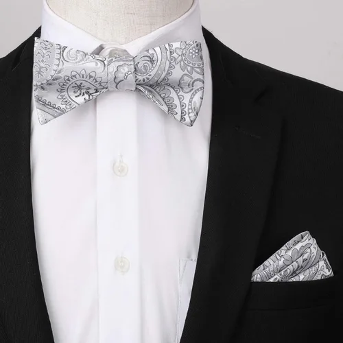Vista 113 de HISDERN Pajaritas para hombre, corbatín de cachemira para hombre, corbata de lazo y bolsillo cuadrado, juego formal de esmoquin para boda