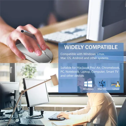 Vista 2 de Mouse Bluetooth inalámbrico recargable para MacBook Air, Mac Pro, portátil, iPad, PC, láser óptico, mini, delgado, silencioso, ampliamente Gris