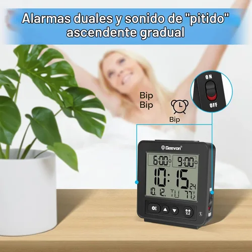 Vista 6 de Geevon Pequeño reloj despertador atómico de viaje con retroiluminación Auto/8s, 2 configuraciones de alarma, temperatura, sonidos de pitido Negro