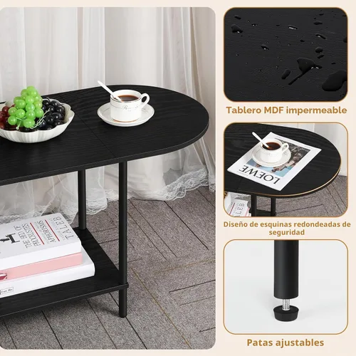 Vista 5 de OYEAL Mesa de Café Negra para Sala de Estar, Mesa Central Pequeña de 2 Niveles Ovalada, Mesa de Té Redonda de Granja de Media Siglo con Estante