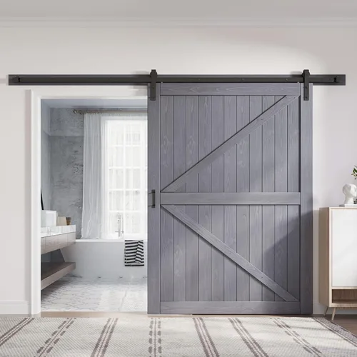 Vista 9 de FREDBECK Puertas dobles grises de 24 x 84 pulgadas, puerta de granero de 48 pulgadas con kit de herrajes para puerta de granero de 8 pies incluido