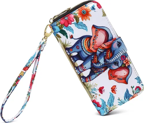 Vista 8 de Cartera de mano para mujer, estilo bohemio, con RFID, elegante, espaciosa con correa para viajes, capacidad para tarjetas, teléfono, dinero