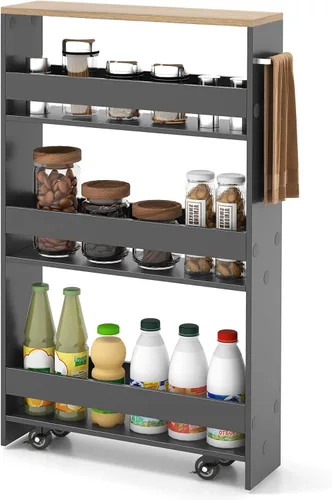 Vista 10 de COSTWAY Carrito de almacenamiento delgado y rodante, carrito utilitario rodante de 4 niveles, carrito de almacenamiento de cocina de madera con asa