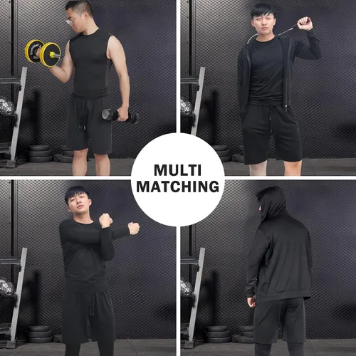 Vista 4 de JULY'S SONG Men Compression Workout Set 5 PCS Dry Quick Shirt Pants Shorts Tights Jacket Clothes for Gym