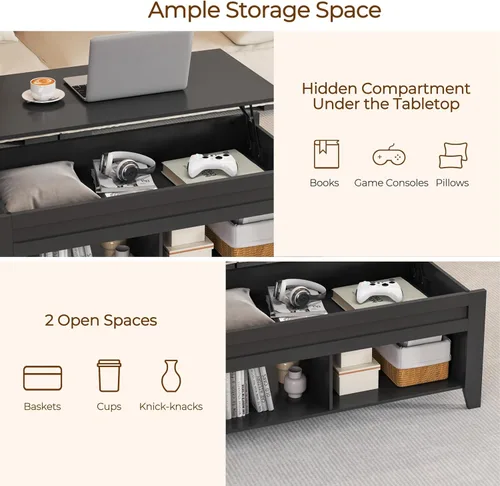Vista 7 de Yaheetech Mesa de centro de madera negra elevable, con almacenamiento oculto y 2 estantes abiertos para sala de estar, recepción, oficina, 39.5